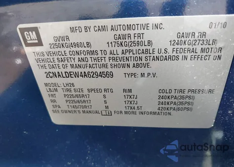 2010 Chevrolet Equinox Lt z USA, uszkodzony, nr VIN 2CNALDEW4A6295456